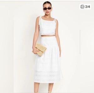Old Navy White Eyelet Set - Drop Waist Midi Skirt and Tie Top XL